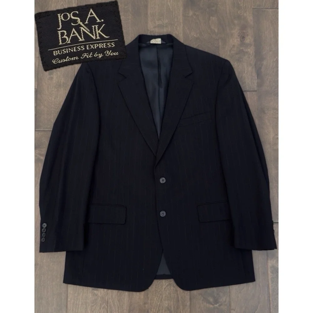 Jos A Bank Mens Size 42R Navy Blue‎ Pinstripe Suit Jacket 100% Wool Made In USA